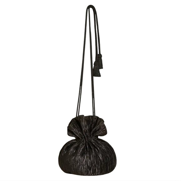 581. REFORMATION Aphrodite Black Plisse Satin Pleated Pouch Bag Evening $228 EUC - Picture 1 of 8